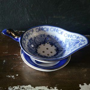 Pair of Vtg Bombay Company Blue & White Porcelain Tea Strainers with Drip Bowls